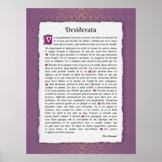 Poster Desiderata - Choses désirées - poème (Devant)