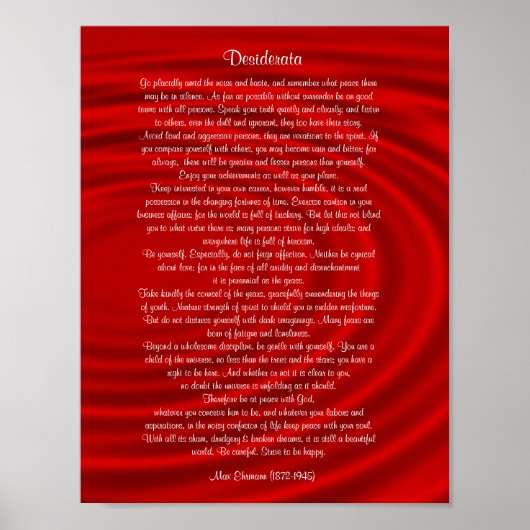 Poster Desiderata "choses désirées", prose sur rouge (Devant)