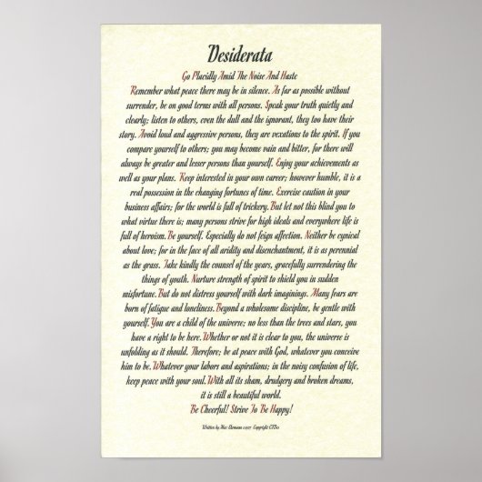 Poster DESIDERATA par Max Ehrmann - Romanesque (Devant)