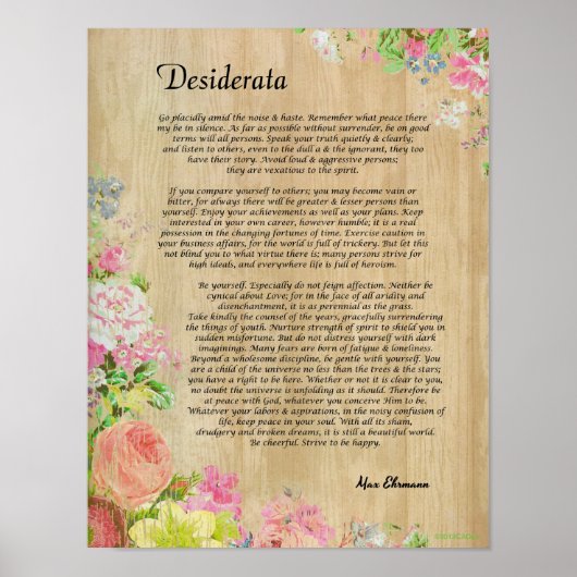 Poster Desiderata sur panneau en bois rustique avec garni (Devant)