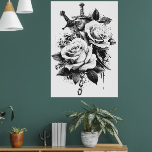 Poster Design d'art de tatouage noir et blanc à contraste