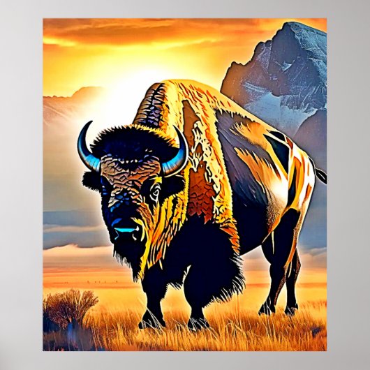 Poster Design d'art Sunset Mountain Bison (Devant)
