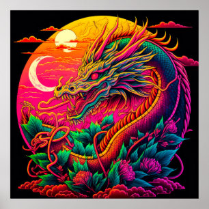Poster Design de néon coloré de dragon chinois