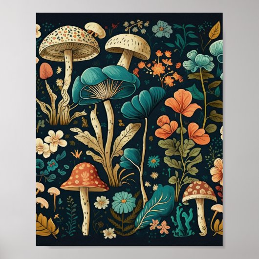 Poster Design d'illustration de champignons et de fleurs (Devant)