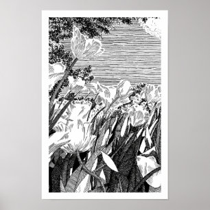 Poster Dessin à la ligne d'art botanique vintage de champ