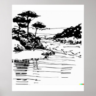 Poster dessin à la main croquis fluvial dans l'art Ukiyo-