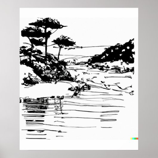 Poster dessin à la main croquis fluvial dans l'art Ukiyo- (Devant)
