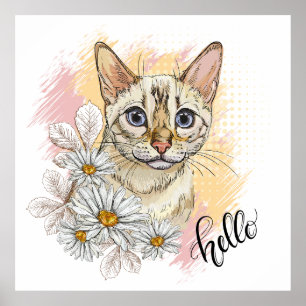 Poster Dessin à la main drôle de bengale des neiges chat 