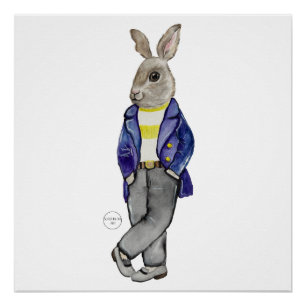 Poster Dessin à la main élégant de lapin aquarelle