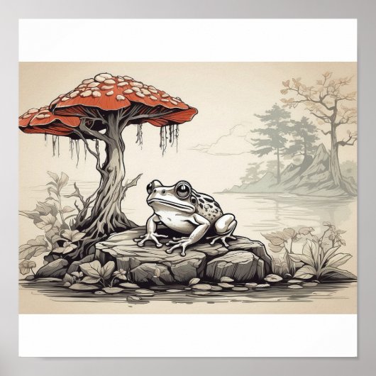 Poster dessin à la main Frog in Ukiyo-E Style (Devant)