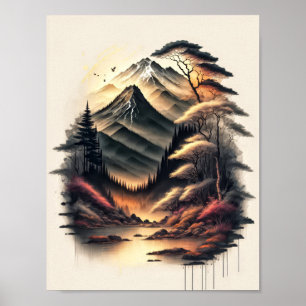 Poster Dessin à l'encre de paysage japonais avec volcan