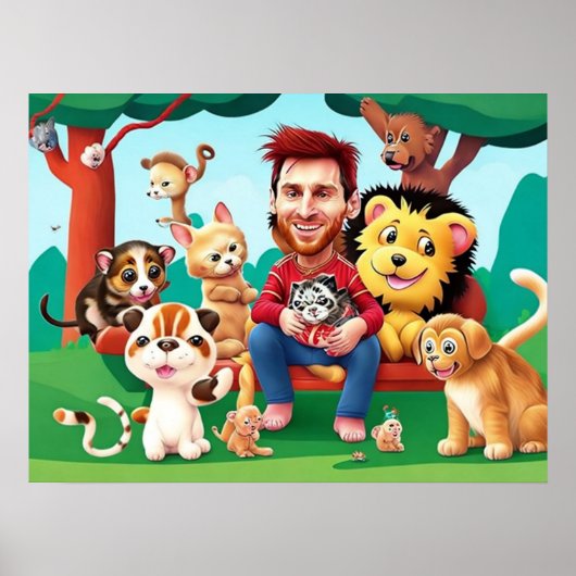 Poster Dessin amusant image Messi animaux mignons (Devant)