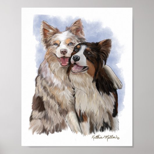 Poster Dessin animé de deux amis Border Collie (Devant)