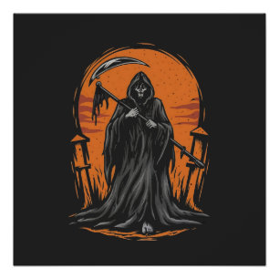 Poster Dessin animé de la Faucheuse dans un cimetière au