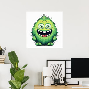 Poster Dessin animé de monstre vert mignon souriant
