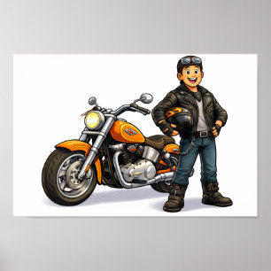Poster Dessin animé de motard avec art de pilote de moto 