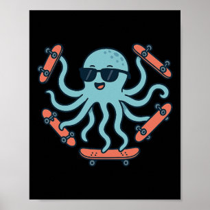 Poster Dessin animé de skateboard de pieuvre cool