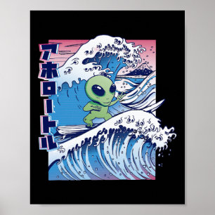 Poster Dessin animé de surf d'aliens surfant sur une vagu