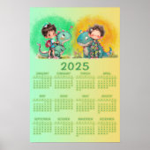 Poster Dessin animé drôle de garçon et de dinosaure (Devant)