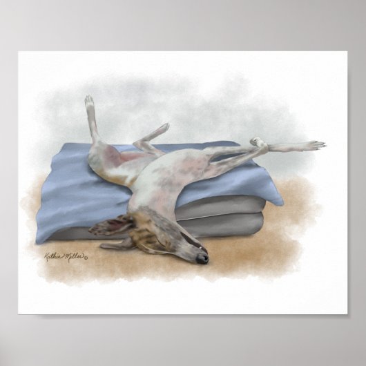Poster Dessin animé drôle de lévrier gris endormi (Devant)