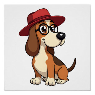 Poster Dessin animé vintage Basset Hound au chapeau rouge