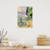 Poster Dessin aquarelle avec mur ancien contre la montagn (Cuisine)