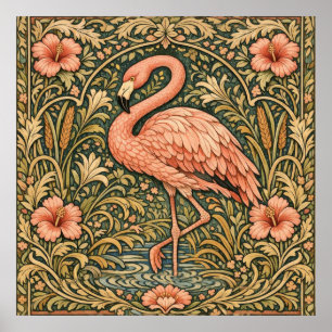 Poster dessin art nouveau de flamant rose vintage