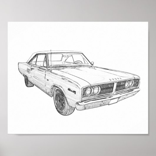 Poster Dessin au crayon coronet de Dodge 1966 noir et bla (Devant)