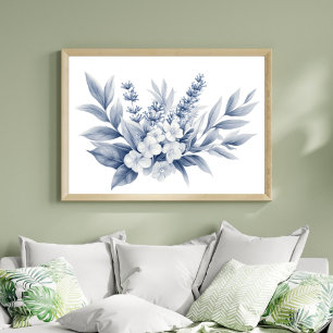 Poster Dessin au crayon Fleurs blanches et grises argenté