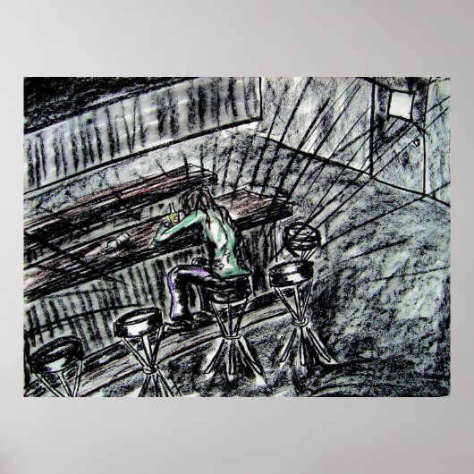Poster Dessin au fusain Beer and Empty Bar Stools (Devant)