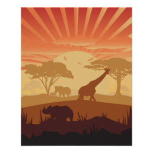 Poster Dessin au trait de faune au coucher du soleil sur 