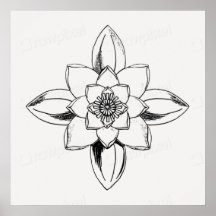 Dessin au trait noir et blanc de fleur de nénuphar