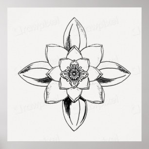 Poster Dessin au trait noir et blanc de fleur de nénuphar