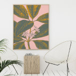 Poster Dessin botanique rose et vert Palm Frond<br><div class="desc">Une belle illustration florale d'une feuille de bananier tropicale en vert et jaune sur un arrière - plan rose vif</div>