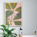 Poster Dessin botanique rose et vert Palm Frond<br><div class="desc">Une belle illustration florale d'une feuille de bananier tropicale en vert et jaune sur un arrière - plan rose vif</div>