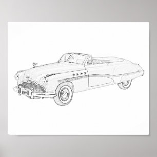 Poster Dessin Buick Roadmaster noir et blanc 1949