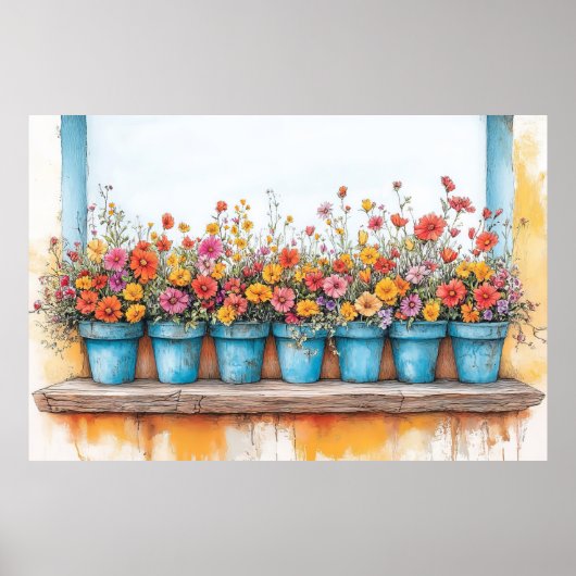 Poster Dessin couleur pastel avec pots de fleurs (Devant)