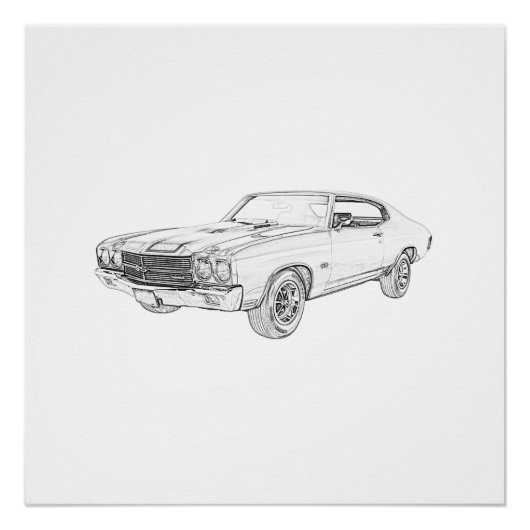 Poster Dessin crayon noir et blanc 1970 chevy (Devant)