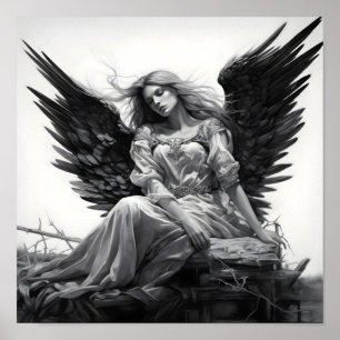 Poster dessin d'ange endormi noir et blanc