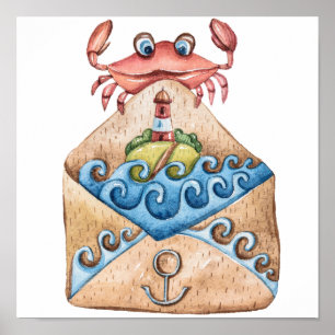 Poster Dessin d'aquarelle de crabe