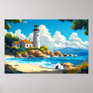 Poster Dessin d'aquarelle de la mer du phare