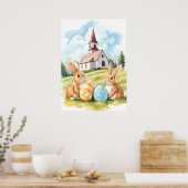 Poster Dessin d'aquarelle de l'église Bunny de Pâques (Cuisine)