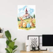 Poster Dessin d'aquarelle de l'église Bunny de Pâques (Bureau à domicile)