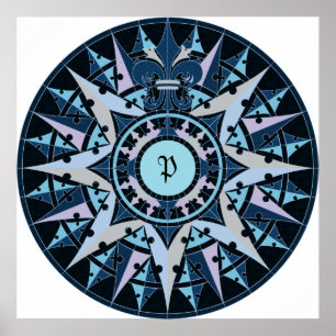 Poster Dessin d'art, antique boussole rose, ajouter monog