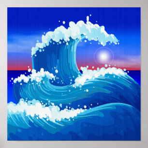 Poster Dessin d'art de la grande vague bleue