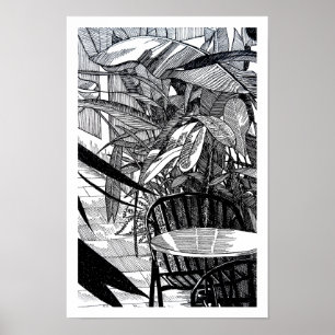 Poster Dessin d'art en ligne de feuilles tropicales botan
