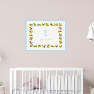 Poster Dessin de bébés canards joueurs Monogramme bleu po