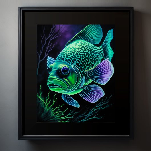 Poster Dessin de chaloupe de poisson sur le vert noir