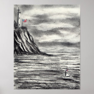 Poster Dessin de charbon de phare et de voilier