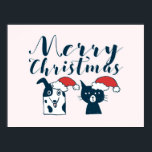 Poster Dessin de chat et de chien de Père Noël | Joyeux N<br><div class="desc">Illustration de style dessin d'un chien et d'un chat mignons portant des chapeaux santa. J'ai essayé de dépeindre les caractéristiques des chiens et des chats sur leur visage. Le chien a sa langue dehors et sourit innocemment. Le chat a l'air inamusé et agacé. Dessin de style doodle mignon et amusant...</div>